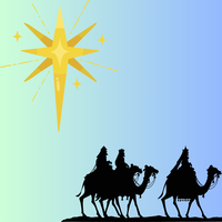 Decorative image of a big shining star, and three kings on camels