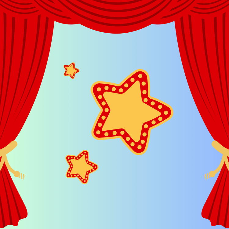 Decorative image of theatre curtains and stars