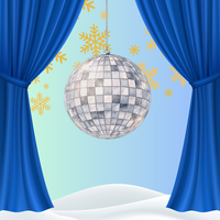 Decorative imaging showing a large glitter ball, snowflakes, and snow