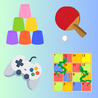 Decorative image showing games, games controller, and table tennis bat