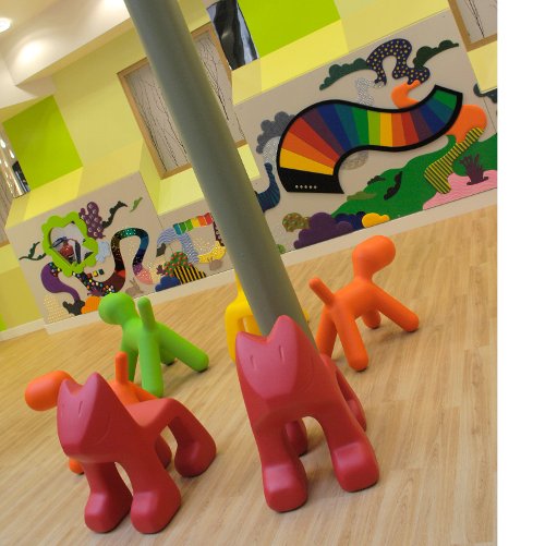 Colourful playful animal shaped children's chairs in the Somers CRF play area