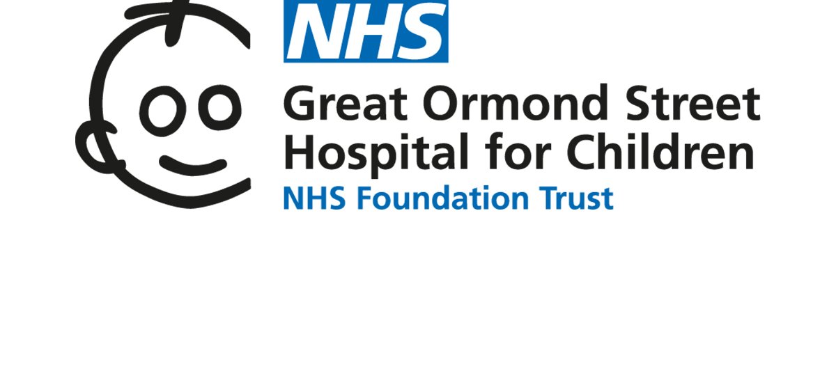 Black line drawing of a child smiling, with the words "NHS Great Ormond Street Hospital for Children NHS Foundation Trust", written in blue and black text.