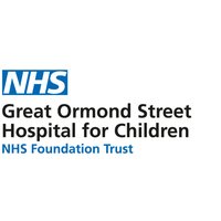 Black line drawing of a child smiling, with the words "NHS Great Ormond Street Hospital for Children NHS Foundation Trust", written in blue and black text.