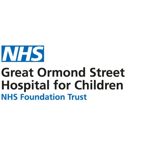 Black line drawing of a child smiling, with the words "NHS Great Ormond Street Hospital for Children NHS Foundation Trust", written in blue and black text.