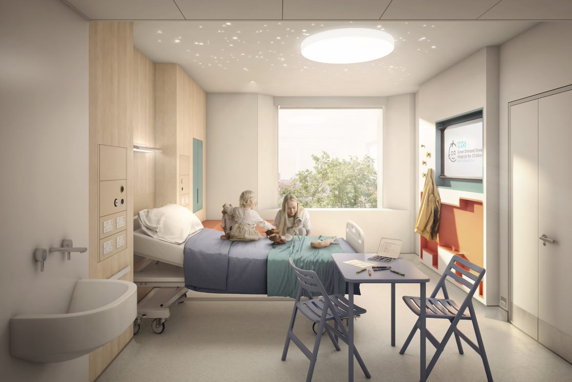 CGI image of a hospital bedroom with a bed, table, and a parent and child