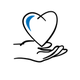 Blue illustration of a hand holding a heart on a white background