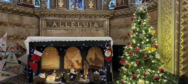 The Chapel showing a nativity scene and a Christmas tree