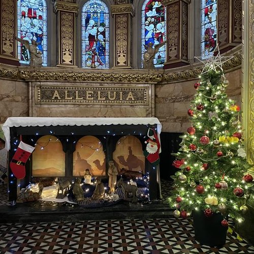 The Chapel showing a nativity scene and a Christmas tree