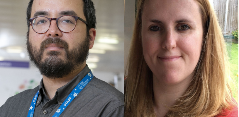 Two pictures side by side - one is a man in glasses smiling at the camera, the other is a woman with medium brown hair.