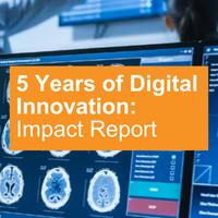 Photograph of a digital screen with brain imaging. Text on top reads '5 Years of Digital Innovation: Impact Report'