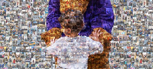 Mosaic image composed of many small photographs forming a larger picture of a child embracing a person in a large bear costume