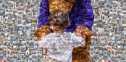 Mosaic image composed of many small photographs forming a larger picture of a child embracing a person in a large bear costume