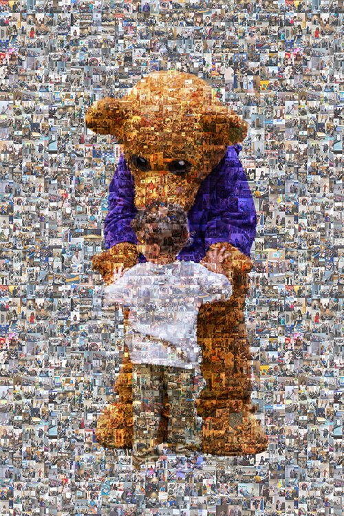 Mosaic image composed of many small photographs forming a larger picture of a child embracing a person in a large bear costume