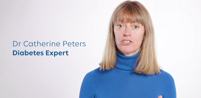 A thumbnail of the health information video, featuring Dr Catherine Peters. Her name and title 'Diabetes Expert' appears in blue on the left.