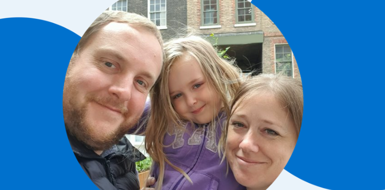 Patient Ellie after her surgery with her parents outside GOSH