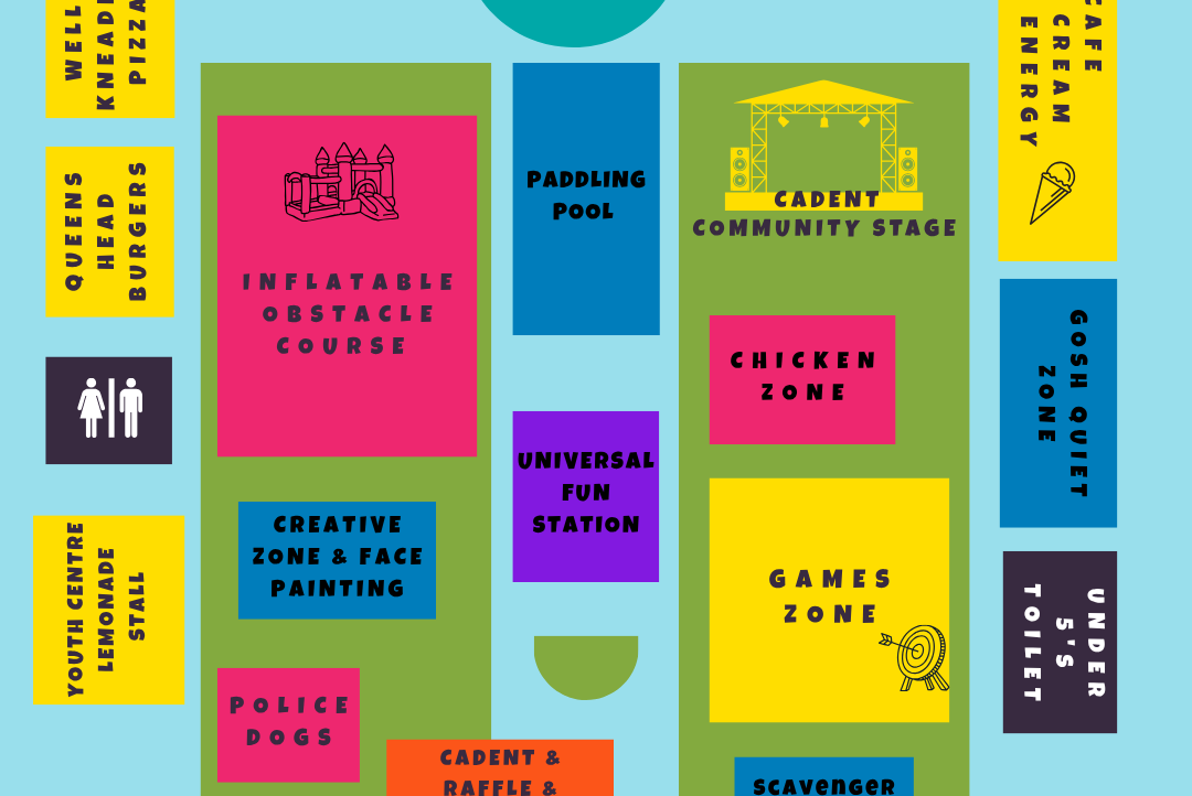 colourful illustrated map for 'Play Day 2025' at Coram's Fields, scheduled from 12 PM to 4 PM. It highlights various activity zones including an Adventure Playground, Accessible Bikes, Inflatable Obstacle Course, Chicken Zone, Games Zone, Scavenger Hunt, Junior Play Zone, Baby Swings, Creative Zone & Face Painting, Universal Fun Station, Police Dogs area, and Cadent Community Stage. Food and drink options like Queens Head Burgers and Well-Kneaded Pizza are shown, along with facilities such as a Pavilion, Paddling Pool, Youth Centre Lemonade Stall, and nearby toilets. The map is bordered by Gu