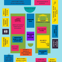 colourful illustrated map for 'Play Day 2025' at Coram's Fields, scheduled from 12 PM to 4 PM. It highlights various activity zones including an Adventure Playground, Accessible Bikes, Inflatable Obstacle Course, Chicken Zone, Games Zone, Scavenger Hunt, Junior Play Zone, Baby Swings, Creative Zone & Face Painting, Universal Fun Station, Police Dogs area, and Cadent Community Stage. Food and drink options like Queens Head Burgers and Well-Kneaded Pizza are shown, along with facilities such as a Pavilion, Paddling Pool, Youth Centre Lemonade Stall, and nearby toilets. The map is bordered by Gu