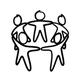 Black and blue illustration of a circle of people holding hands on a white background