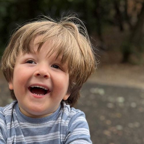 A young boy with brown hair sat on a seesaw. He is smiling and wearing a blue striped top.