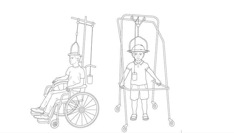 A child in a wheelchair with a frame around their head and a child standing up with a frame around their head