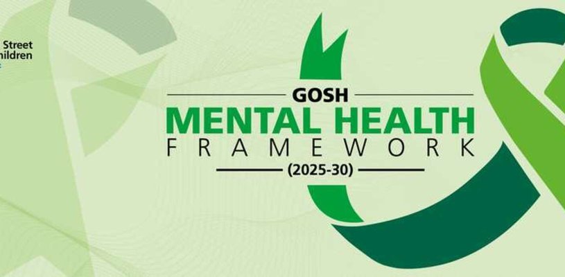 The words "GOSH Mental Health Framework 2025 to 2030" with a green ribbon