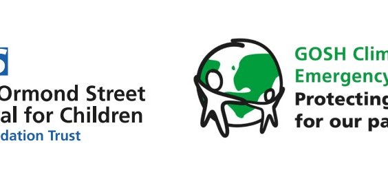 An illustration of a face in black, with the words Great Ormond Street Hospital for Children, and an illustration of earth with people holding hands around it with the words GOSH Climate and Health Emergency declaration.
