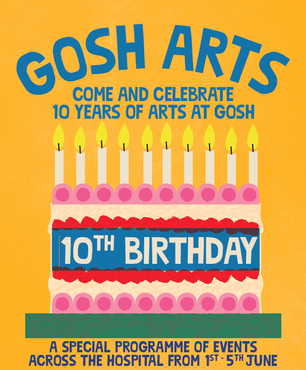 A birthday cake with the words "GOSH Arts come and celebrate 10 years of GOSH arts"