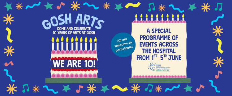 A birthday cake with the words "GOSH Arts come and celebrate 10 years of GOSH arts"