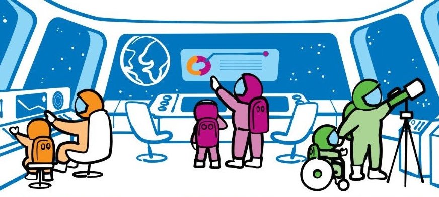 An illustration of three sets of adults and children, inside a spacecraft looking at computer screens and looking out into space