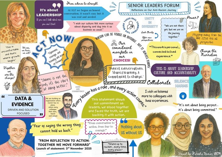 Ilustrations of staff at GOSH with quotes from them, including "Nothing about us without us", "Honest conversations. Shared learning. A commitment to change." and "Change the narrative"