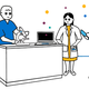An illustration of a three people stood in a laboratory with a laptop and a microscope