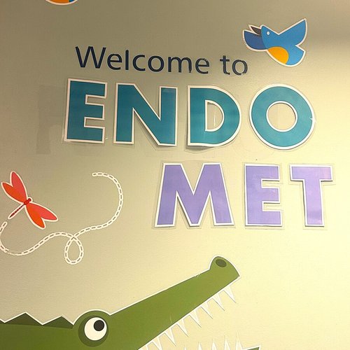 A hospital wall with the words "Welcome to Endo Met" with a alligator and birds