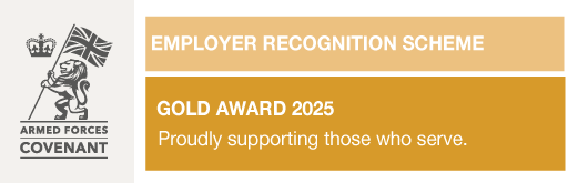 A grey lion holding a flag with the union jack on it, next to the words Employee Recognition Scheme, Gold Award 2025, proudly supporting those who serve.