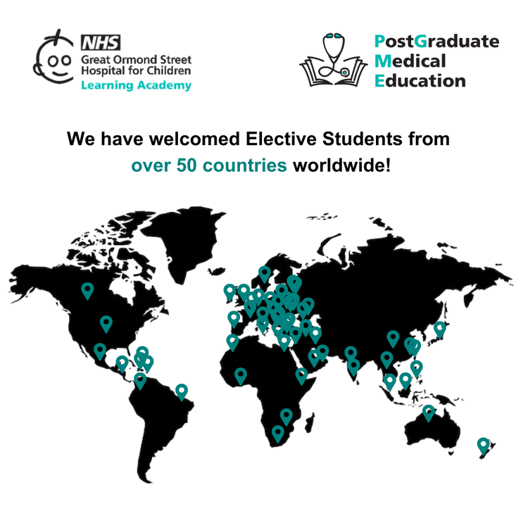 A world map showing where in the world elective students have come from