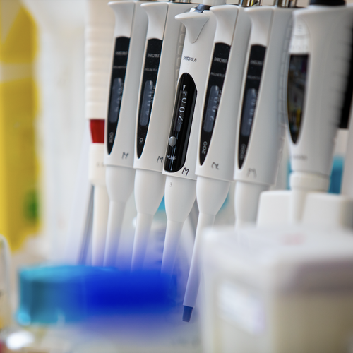 a close-up view of several adjustable laboratory pipettes in a holder, with lab containers in the background.