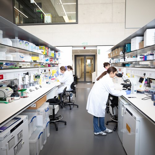 Four people wearing lab coats using lab equipment