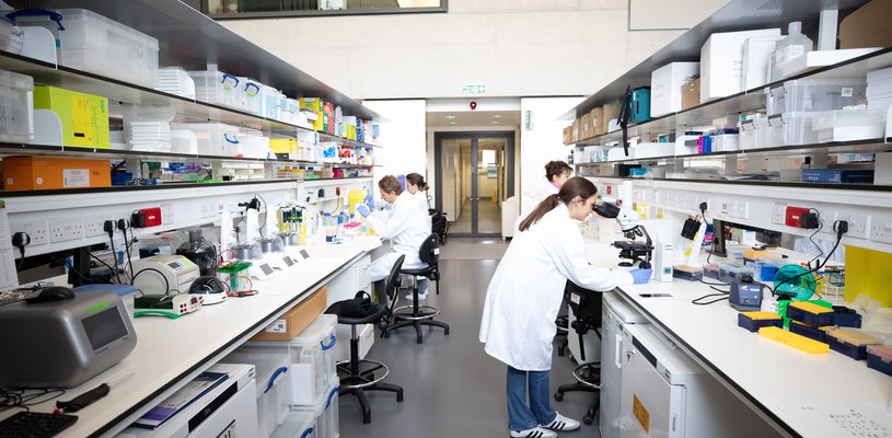 Four people wearing lab coats using lab equipment