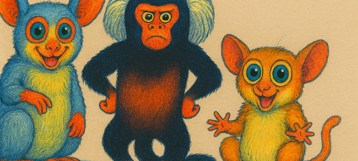 A colorful illustration of three small primates—a bush baby (galago), a tamarin monkey, and a mouse lemur—posed playfully against a vibrant background. Each animal is depicted with friendly, expressive features to highlight their role in evolutionary research.