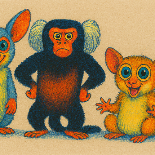 A colorful illustration of three small primates—a bush baby (galago), a tamarin monkey, and a mouse lemur—posed playfully against a vibrant background. Each animal is depicted with friendly, expressive features to highlight their role in evolutionary research.
