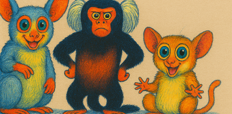 A colorful illustration of three small primates—a bush baby (galago), a tamarin monkey, and a mouse lemur—posed playfully against a vibrant background. Each animal is depicted with friendly, expressive features to highlight their role in evolutionary research.