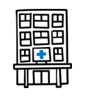 Black and blue illustration of a hospital with a cross on the front, on a white background