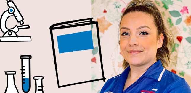 Lauran O'Neill stands smiling in front of a pattern curtain wearing her nurses uniform. To her left there are sketches of a microscope, a book and test tubes.