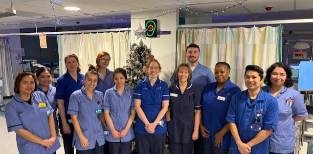 A group of 12 nurses, all in uniform smile at the camera, they are in a hospital ward with a Christmas tree in the background