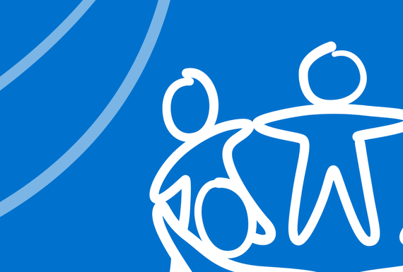 A blue background with two white lines drawn vertically on the left, with an illustration showing human figures holding hands in a circle on the right.