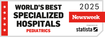 Text that reads World's Best Specialised Hospitals Pediatrics 2025, Newsweek. The text is written in red, white and black.