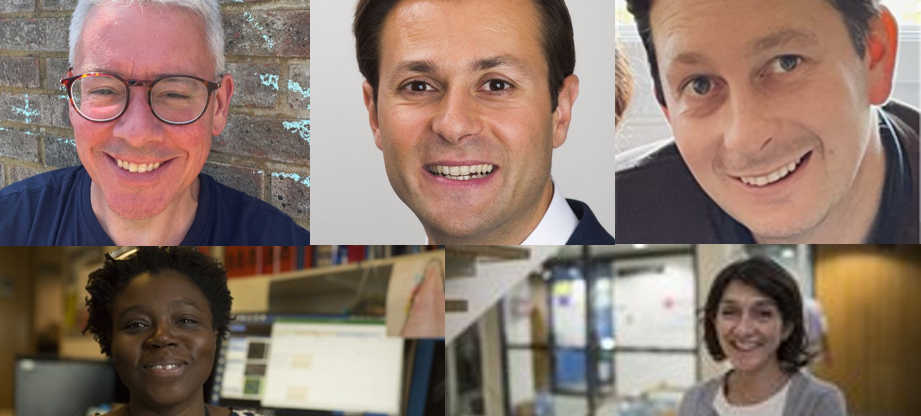 A composite image of four portraits. Three men and two women smile at the camera.