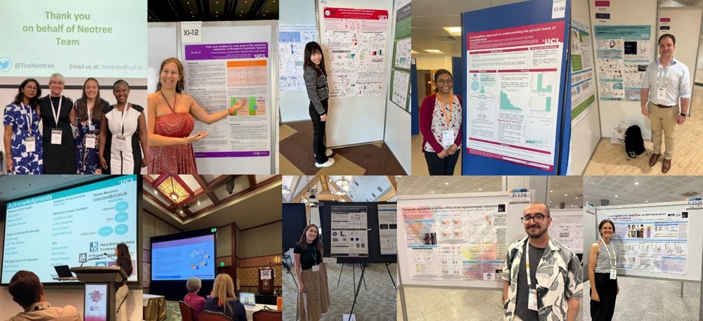 This is a composite image of more than 10 researchers presenting their work around the world. Some are presenting to groups and some are in front of their research posters