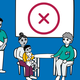 A family sits with GOSH staff under a red 'X'