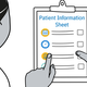 A cartoon replica of someone looking at a clipboard with a document on it labelled 'Patient Information Sheet'