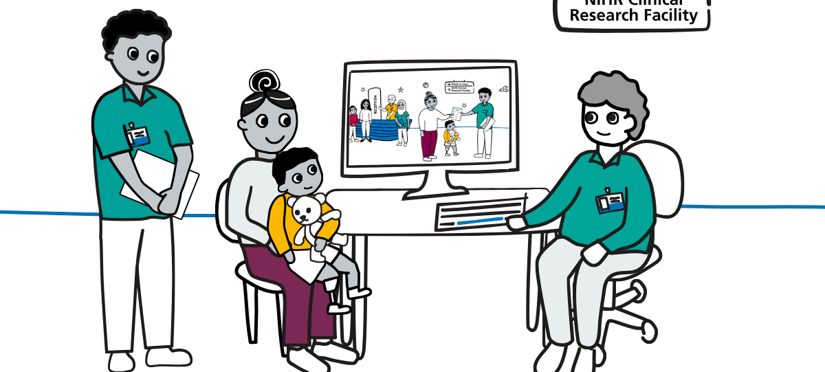 A family sitting at a computer screen with hospital staff